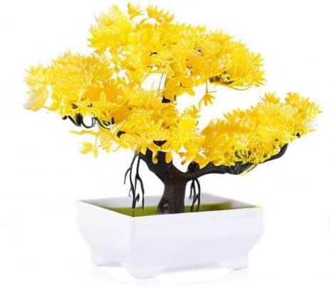 Mini Artificial Bonsai Tree Plants with Plastic Cement Pots for Home Office Décor (Yellow)