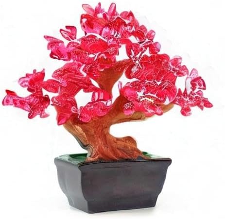 Feng Shui Quartz Crystal Money Tree Bonsai Style Decoration for Luck and Wealth (Red)
