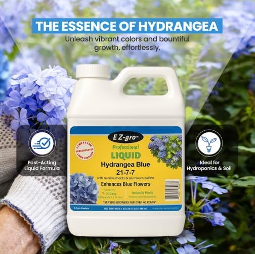 EZ-GRO Hydrangea Fertilizer, Liquid Plant Food 21-7-7 with Aluminum Sulfate for Hydrangeas - Perfect for Blue Flowers | Rhododendrons & Azalea Fertilizer, Ideal Hydroponic Nutrients - 1 qt (32 oz).