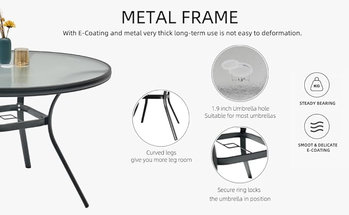 5-Piece Outdoor Patio Dining Set, 40-Inch Round Glass Table with 4 Stackable Chairs, Brown