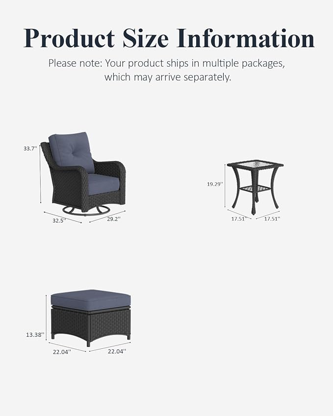 LayinSun 5 Piece Wicker Outdoor Furniture Set with 6-inch Comfy Cushions, High Back Patio Furniture Set with Swivel Rocking Chairs and Side Table