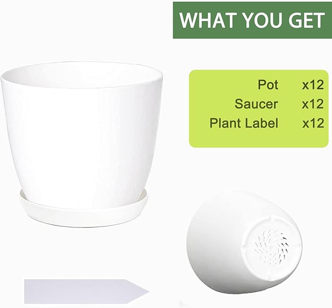 Plant Pots, 12 Pack 6 inch Modern Plastic Planters with Drainage Holes and Saucers for Indoor Outdoor Plants and Flowers, White