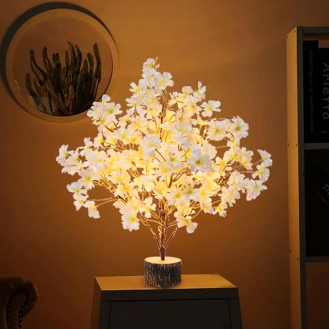 Lighted Cherry Blossom Tree Artificial, 19Inch Faux Bonsai Tree Japanese Decor, Battery Operated Floral Desktop Tree for Indoor Home Spring Summer Easter,Pink