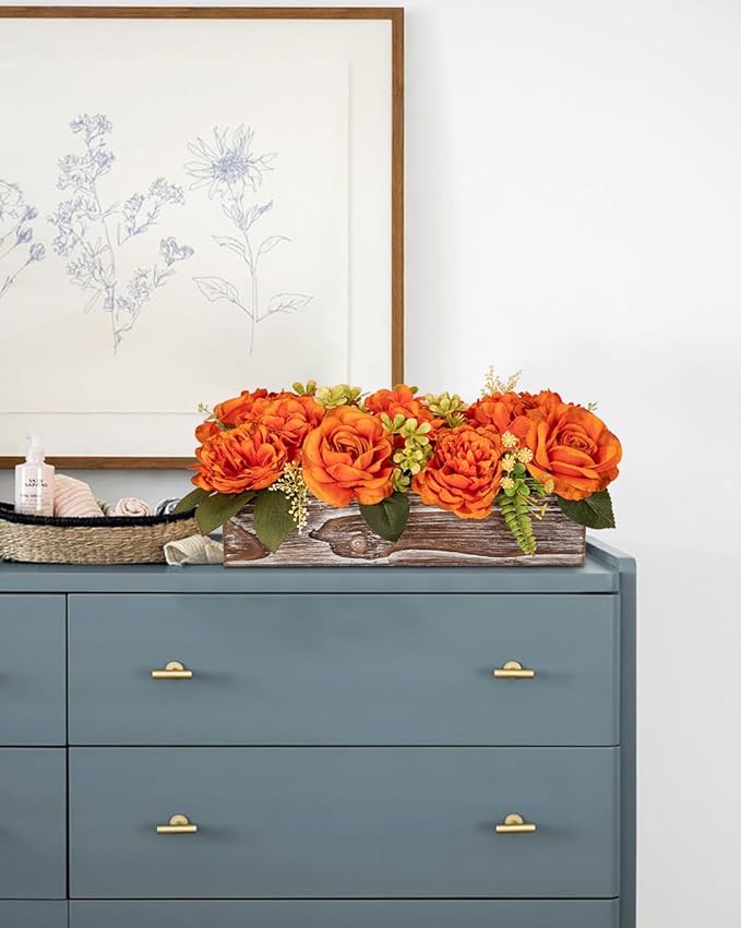 DILATATA Flower Arrangement with Wooden Vase 14" Artificial Flowers in Pot - Fake Flowers Roses Peonies Hydrangeas in Wooden Vase Potted Flower Centerpieces for Table Decor Living Room - Burnt Orange