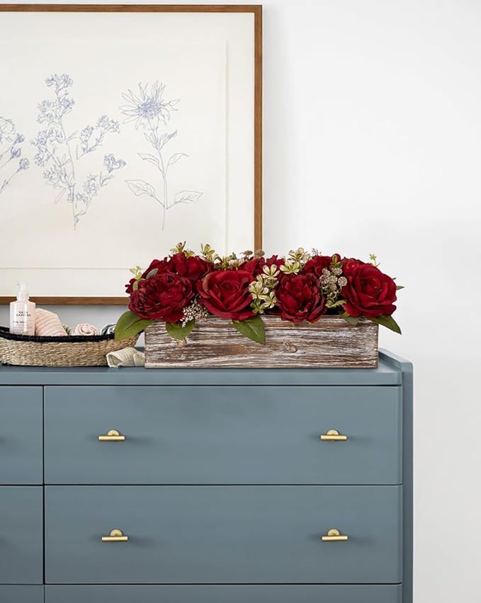 Flower Arrangement with Wooden Vase 14" Artificial Flowers in Pot - Fake Flowers Roses Peonies Hydrangeas in Wooden Vase Potted Artificial Flower Centerpieces for Table Decor Living Room - Red