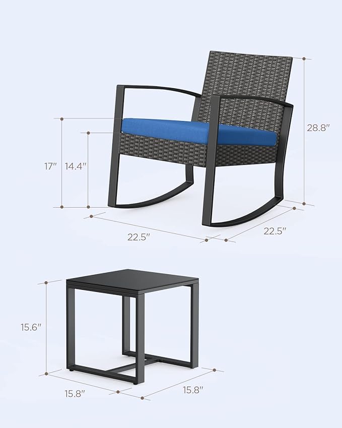 3 Piece Patio Bistro Set Patio Furniture Set Outdoor Wicker Rocking Furniture Conversation Set with Tempered Glass Coffee Table for for Front Porch Balcony and Deck (Blue Cushion)