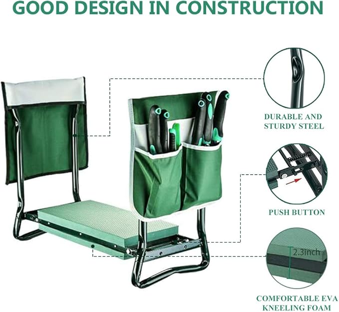 BESTHLS Garden Kneeler and Seat - Heavy Duty Folding Stool with Thick Pad, 2 Tool Pouches, 330 lbs Capacity - Knee & Back Support, Perfect for Seniors, Women, Men