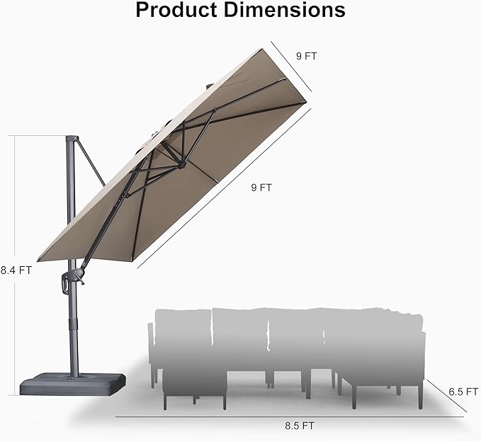 PURPLE LEAF 9 FT Outdoor Umbrella with Base Patio Cantilever Aluminum Umbrella with 3 Years Fade Resistance Recycled Fabric Offset Square with 360-degree Rotation for Deck Pool Garden, Ash Mocha
