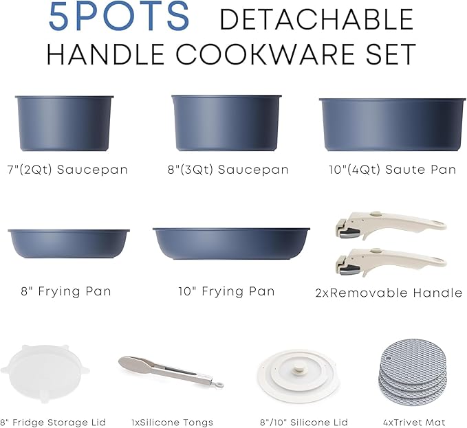 Caannasweis Detachable Nonstick Cookware Set - Stackable Induction Pots and Pans With Removable Handles, Dishwasher Safe - For RV Camping, Oven and Stovetop Use, 5 Pieces (Blue)