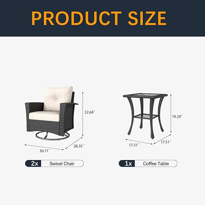 3 Pieces Outdoor Patio Furniture Set, Wicker Patio Sectional Set Conversation Wicker Swivel Chairs with Small Side Table