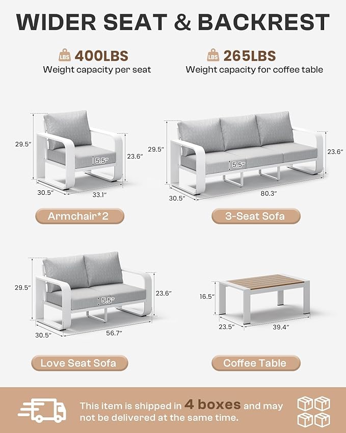 Aluminum Outdoor Patio Furniture Set 5 Piece, Oversized Patio Conversation Sets Widened Armrest & Ultra-Thick Cushions, Deep Seating Modern Sectional Furniture for Backyard, Porch, White