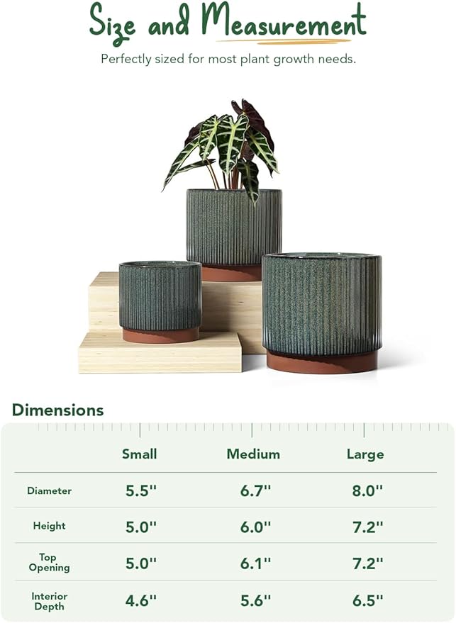LE TAUCI Ceramic Plant Pots with Drainage Holes, Set of 3, 8+6.7+5.5 Inch Stripe Garden Planter Pots for Outdoor Indoor Plants Flower, Round Succulent Orchid Flower Pot, Reactive Glaze Black