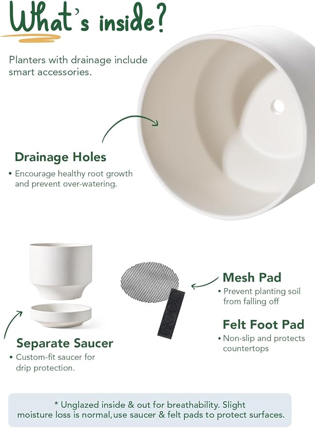 LE TAUCI 12 Inch Pots for Plants with Saucer | Ceramic Outdoor & Indoor Planter Pot for Plants | Drainage Hole, Mesh Pad & Plug | Unglazed Porous | Modern for Home, Office and Patio – Chalk White