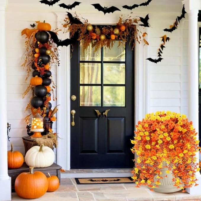 4PCS Artificial Hanging Flowers for Outdoor Decor UV Resistant Fake Morning Glory Realistic Silk Autumn Fall Hanging Plants for Porch Patio Balcony Yard (Autumn Colors)