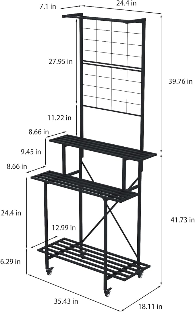 Zhongma 3 Tier Heavy Duty Plant Stand with Hanging Plant pot shelf with wheels, 35.43 L x 18.11 W x 81.1H multi layer plant Holder for Home, Garden, Plant Lovers,Metal Storage Rack Shelf/Freestanding Display Stand