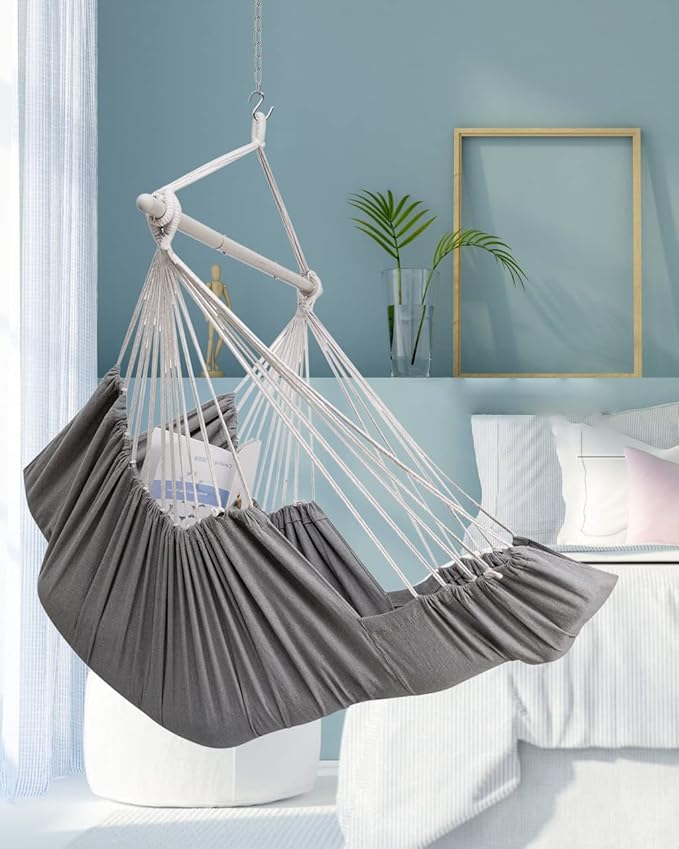 Miztli Hammock Chair Hanging Chair Swing for Bedroom with Foot Rest, Max 500 Lbs, Steel Spreader Bar with Anti-Slip Rings-2 Cushions Included-Indoor and Outdoor
