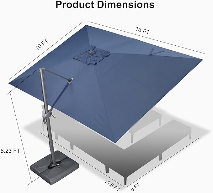 PURPLE LEAF 10' X 13' Rectangle Cantilever Umbrella with Base Outdoor Large Aluminum Patio Umbrella with 3-Year Fade Resistance Recycled Fabric and 360-degree Rotation for Deck Pool Garden,Ocean Slate