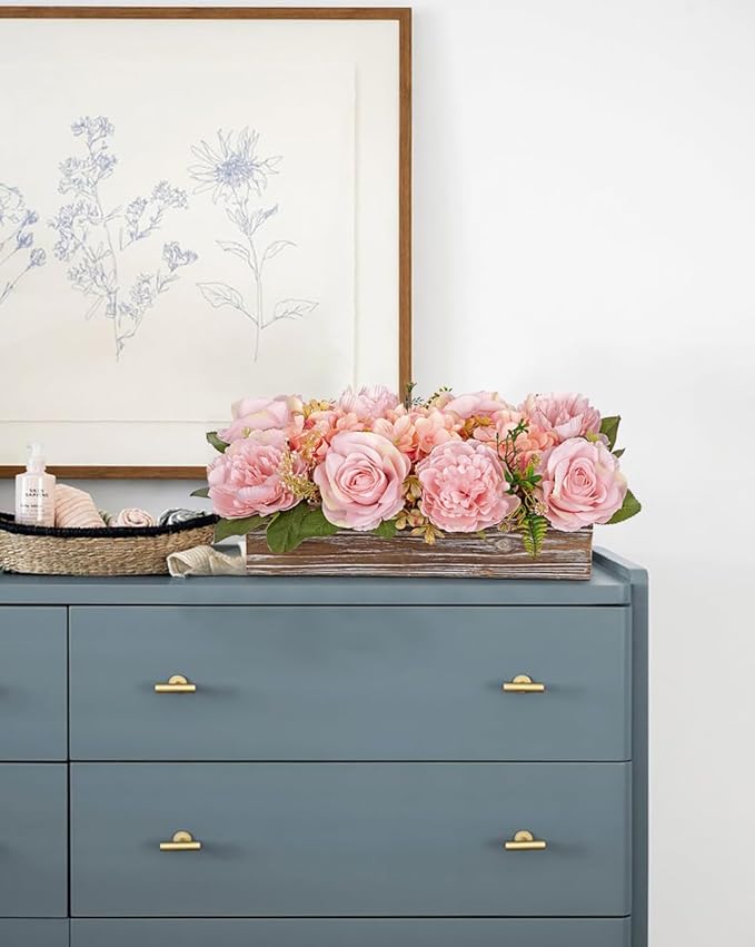 Flower Arrangement with Wooden Vase 14" Artificial Flowers in Pot - Fake Flowers Roses Peonies Hydrangeas in Wooden Vase Potted Artificial Flower Centerpieces for Table Decor Living Room - Dusty Pink
