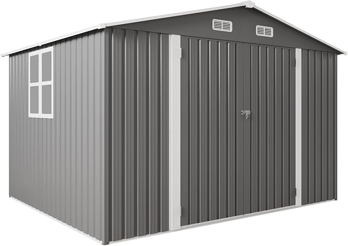 10x8x6.4FT Outdoor Storage Shed, Galvanized Steel Garden Shed with Lockable Door & Window, Waterproof Metal Tool Storage for Garden, Backyard, Patio, Lawn(Grey)
