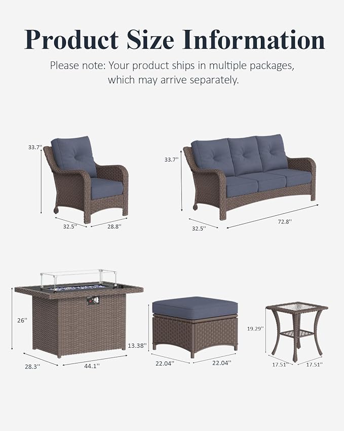 LayinSun 7 Piece Wicker Outdoor Furniture Set with 6-inch Comfy Cushions, High Back Patio Furniture Set with Rattan Armchairs and Fire Pit Table
