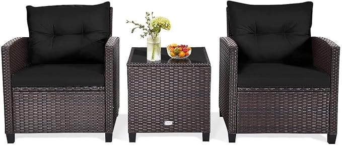 HAPPYGRILL 3 Pieces Patio Conversation Set, Outdoor Furniture Set PE Rattan Sofa Set with Removable Cushions, PE Wicker Chairs with Tempered Glass Side Table for Porch Lawn Garden Balcony Backyard