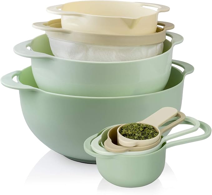 COOK WITH COLOR Nesting Bowls with Measuring Cups Colander and Sifter Set - Includes Mixing Bowls, Colander, Sifter and Measuring Cups, Mint, 8 Pc Bowl
