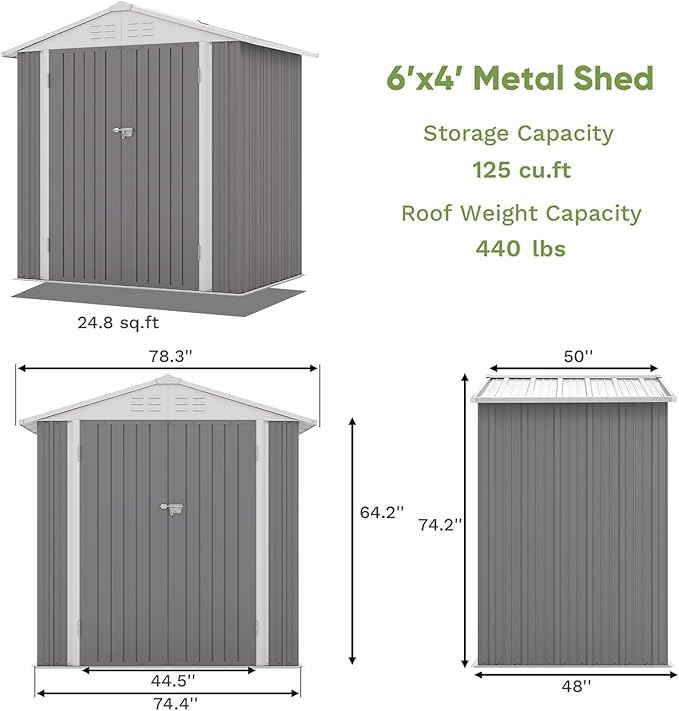 Patiowell 6x4 FT Outdoor Storage Shed, Water-Resistance Metal Outdoor Sheds with Vents & Lock, Garden Shed of Galvanized Steel for Lawn, Patio, Backyard Garden Tools, Bikes, Green