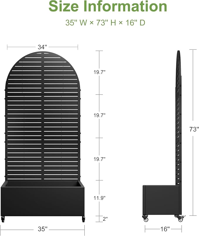 Casaphoria Metal Raised Garden Bed with Trellis and Wheels, 72"x35"x16" Arched Planter Box for Climbing Plants, Vegetables & Vines, Features Drainage Holes and Privacy Screen (Black-Louvered)