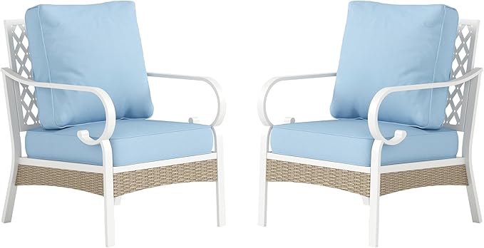 Metal Patio Chairs Set of 2 with 5.75" Extra Thick Cushion, 2 Pieces High Back Outdoor Patio Chairs All Weather White Outdoor Furniture Seating for Deck Backyard Balcony Porch, Blue
