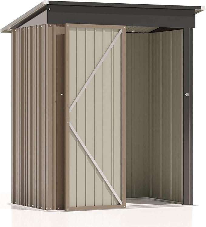 Patiolife 5x3 FT Outdoor Storage Shed, Small Tool Metal Shed with Lockable Door & Sloping Roof, Garden Shed for Backyard Patio Lawn, Brown