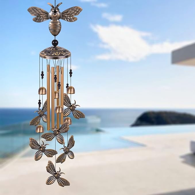 Bronze Bee Wind Chimes - Garden, Home & Patio, Balconies, Room, Indoor, Outdoor Decoration, Bee Decor, Outdoor Bees Wind Catcher, Memorial Wind Bells Gifts for Mom & Women