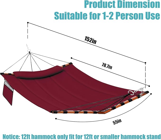 TegerDeger 12FT 2 Person Hammock Large Hammock 450LB Capacity Hardwood Spreader Bar & Nylon Rope for Outside, Patio, Garden, Backyard, Beach, Poolside - Red