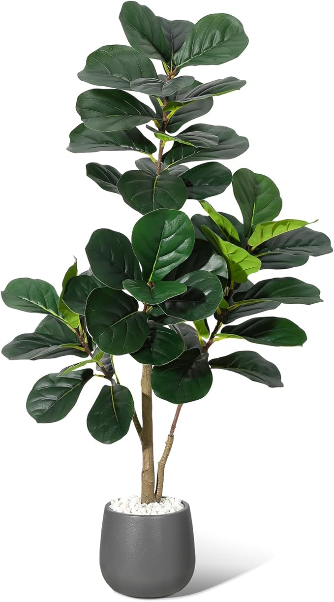 4FT Fiddle Leaf Fig Tree Artificial with 48 Leaves - Realistic Faux Ficus Lyrata Trees in 7.8" Grey Planter Pot, Indoor Fake Floor Plants for Home Office Living Room Decor, Housewarming Gift