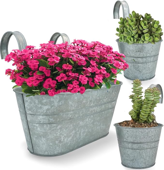 3 Pcs Metal Wall Hanging Planter Pots, Vintage Flower Pots for Railing Fence, Hanging Bucket Pots, Window Flower Plant Holder with Detachable Hooks Home Decor (Silver)
