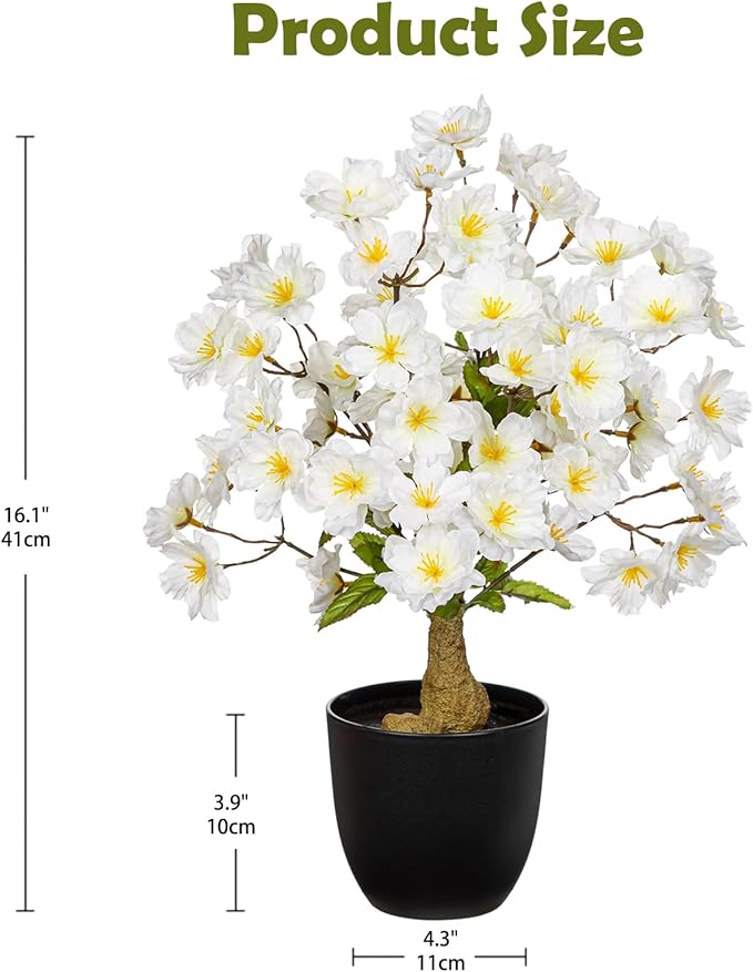 DILATATA Faux Cherry Blossom Bonsai Tree 16 inch Small Artificial Bonsai Tree for Home Decor White Apple Blossom Tree for Indoor Bookshelf Office Desk Bathroom Decor