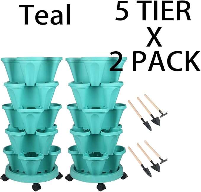 Vertical Planter 5 Tier Stackable Planters Garden Planters Strawberry Herb Flower and Vegetable Planter Indoor Outdoor Gardening Pots with Removable Wheels and Tools