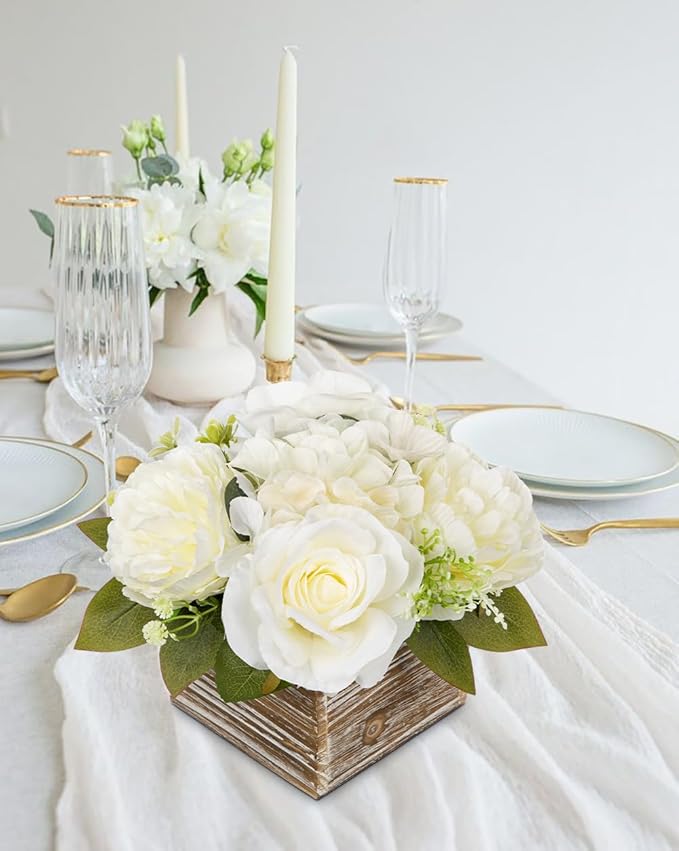 Flower Arrangement with Wooden Vase 8" Artificial Flowers in Pot - Fake Flowers Roses Peonies Hydrangeas in Wooden Vase Potted Artificial Flower Centerpieces for Table Decor Living Room - White