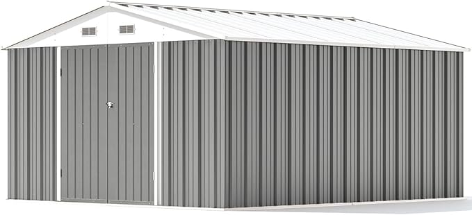 Patiowell 10 x 12 FT Metal Storage Shed for Outdoor with Floor Frame, Steel Yard Shed with Design of Lockable Doors, Utility and Tool Storage for Garden, Backyard, Patio, Outside use, Grey