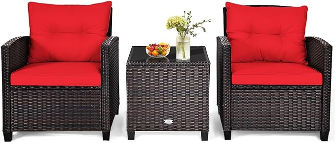 HAPPYGRILL 3 Pieces Patio Conversation Set, Outdoor Furniture Set PE Rattan Sofa Set with Removable Cushions, PE Wicker Chairs with Tempered Glass Side Table for Porch Lawn Garden Balcony Backyard