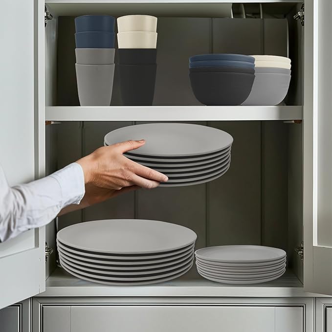 Wrova 40Pack plates and bowls sets for dinner - Unbreakable wheat straw dinnerware sets service for 8 - Alternative plastic 40pcs dish sets for camping,picnic and R.V. - (Black & Grey)