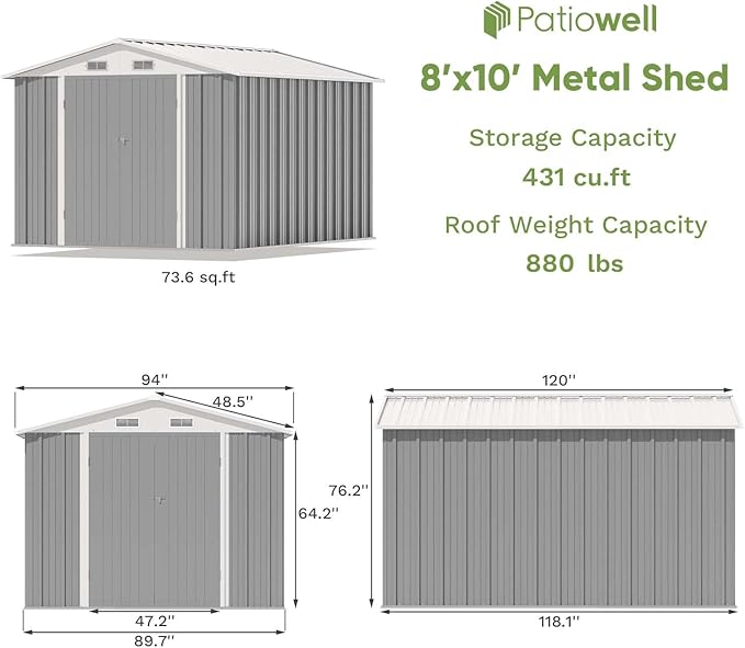 Patiowell 8x10 FT Outdoor Storage Shed with Detachable Storage Rack, Large Garden Tool Metal Shed with Sloping Roof and Double Lockable Door, Outdoor Shed for Backyard Garden Patio Lawn,Grey