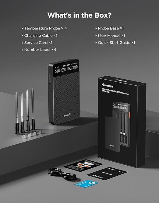 GoveeLife Bluetooth Wireless Meat Thermometer with 4 Probes, WiFi Unlimited Range, ±1.8℉ Accuracy, IP68 Waterproof Real Time Monitoring Digital Food Thermometer for Kitchen, BBQ, Grill, Oven, Smoker