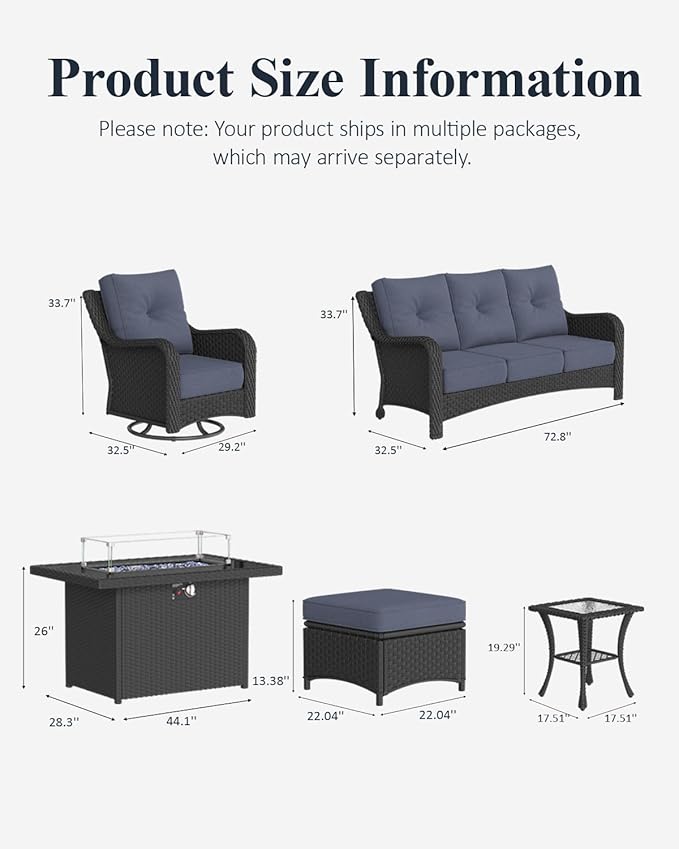 LayinSun 7 Piece Wicker Outdoor Furniture Set with 6-inch Comfy Cushions, High Back Patio Furniture Set with Swivel Rocking Chairs and Fire Pit Table