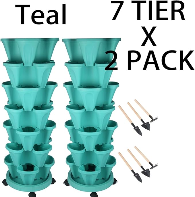 Vertical Planter 7 Tier Stackable Planters Garden Planters Strawberry Herb Flower and Vegetable Planter Indoor Outdoor Gardening Pots with Removable Wheels and Tools