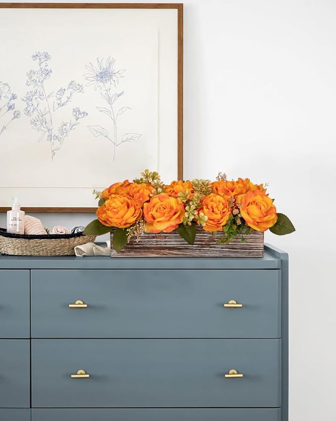 Flower Arrangement with Wooden Vase 14" Artificial Flowers in Pot - Fake Flowers Roses Peonies Hydrangeas in Wooden Vase Potted Artificial Flower Centerpieces for Table Decor Living Room - Orange