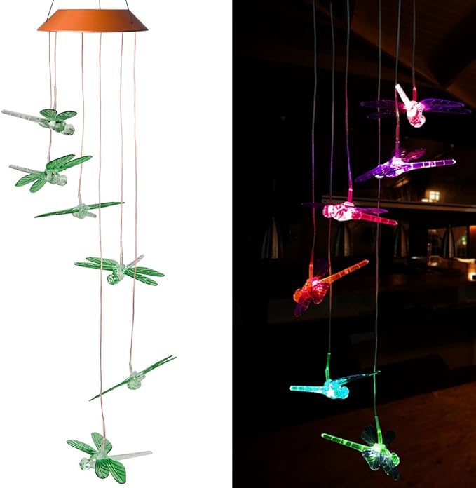 LED Solar Dragonfly Wind Chimes Outdoor - Waterproof Solar Powered LED Changing Light Color Six Dragonflies Mobile Romantic Wind-Bell for Home, Party, Festival Decor, Night Garden Decoration