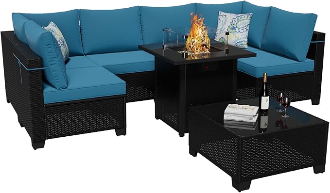 Patio Furniture Set with Fire Pit Table 28", 8-Piece Outdoor Furniture Set with Thick Cushions, Outside Wicker Sectional Sofa for Porch Garden Backyard, Coffee/Peacock Blue