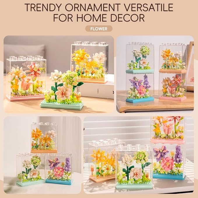 Flower Shadow DIY Flower Plant Building Blocks Toy - Creative Botanical Collection for Kids and Adults Home and Collection Art Home Office Decor with Dust Cover