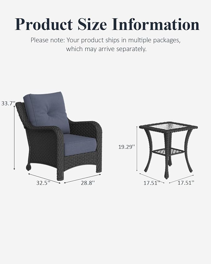 LayinSun 3 Piece Wicker Outdoor Furniture Set with 6-inch Comfy Cushions, High Back Patio Furniture Set with Rattan Armchairs and Side Table