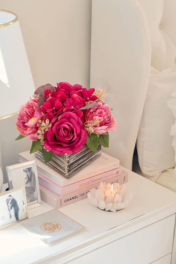 Flower Arrangement with Wooden Vase 8" Artificial Flowers in Pot - Fake Flowers Roses Peonies Hydrangeas in Wooden Vase Potted Artificial Flower Centerpieces for Table Decor Living Room - Hot Pink